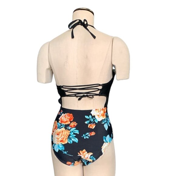 NWT Black Floral Print Halter One Piece Swimsuit Sz S #102D - Picture 5 of 12